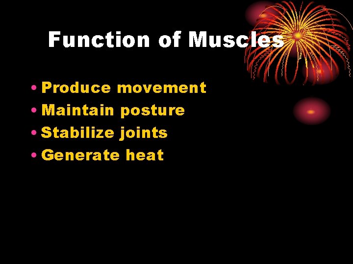 Function of Muscles • Produce movement • Maintain posture • Stabilize joints • Generate