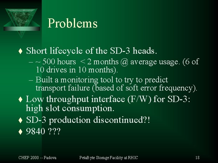 Problems t Short lifecycle of the SD-3 heads. – ~ 500 hours < 2