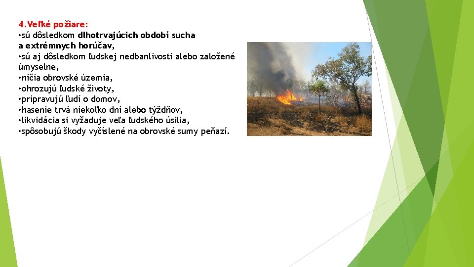 4. Veľké požiare: • sú dôsledkom dlhotrvajúcich období sucha a extrémnych horúčav, • sú