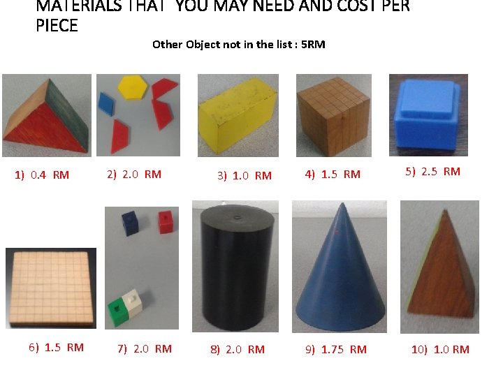 MATERIALS THAT YOU MAY NEED AND COST PER PIECE Other Object not in the