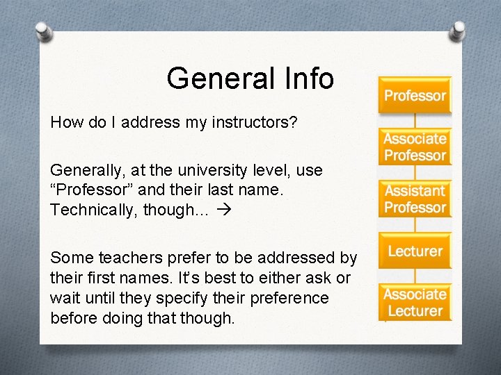 General Info How do I address my instructors? Generally, at the university level, use