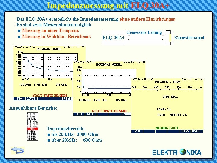 Impedanzmessung mit ELQ 30 A+ Das ELQ 30 A+ ermöglicht die Impedanzmessung ohne äußere
