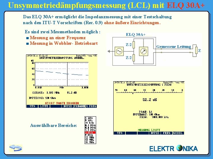 Unsymmetriedämpfungsmessung (LCL) mit ELQ 30 A+ Das ELQ 30 A+ ermöglicht die Impedanzmessung mit
