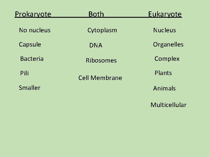 Prokaryote Both Eukaryote No nucleus Cytoplasm Nucleus Capsule DNA Organelles Bacteria Pili Smaller Ribosomes Prokaryote Both Eukaryote No nucleus Cytoplasm Nucleus Capsule DNA Organelles Bacteria Pili Smaller Ribosomes