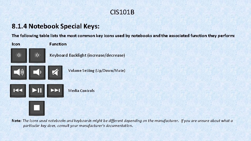 CIS 101 B 8. 1. 4 Notebook Special Keys: The following table lists the