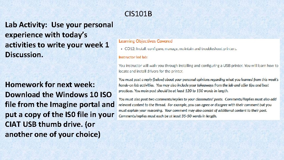 CIS 101 B Lab Activity: Use your personal experience with today’s activities to write