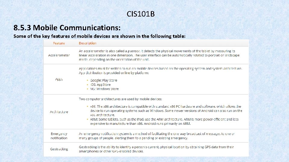 CIS 101 B 8. 5. 3 Mobile Communications: Some of the key features of