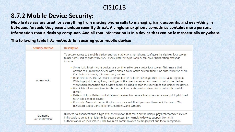 8. 7. 2 Mobile Device Security: CIS 101 B Mobile devices are used for