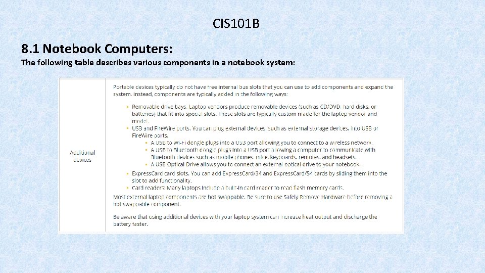 CIS 101 B 8. 1 Notebook Computers: The following table describes various components in
