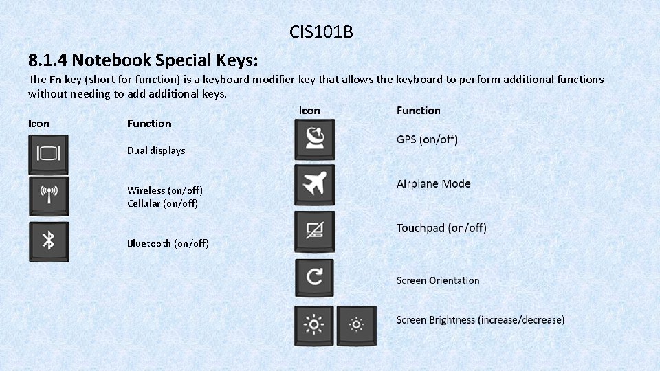 CIS 101 B 8. 1. 4 Notebook Special Keys: The Fn key (short for