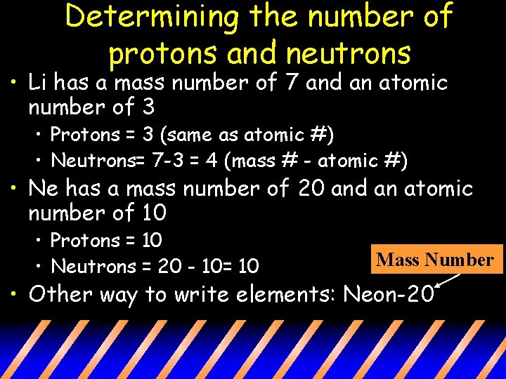 Determining the number of protons and neutrons • Li has a mass number of