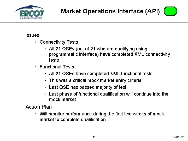 Market Operations Interface (API) Issues: • Connectivity Tests • All 21 QSEs (out of