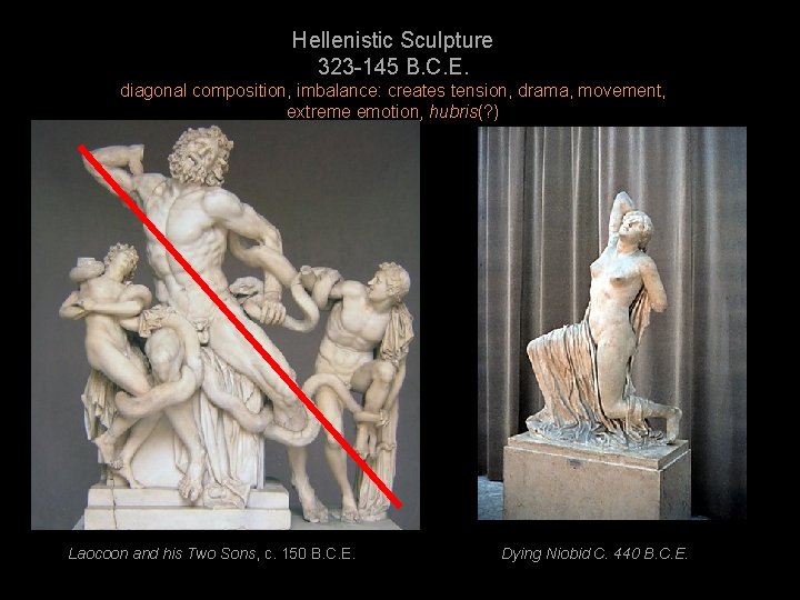 Hellenistic Sculpture 323 -145 B. C. E. diagonal composition, imbalance: creates tension, drama, movement,