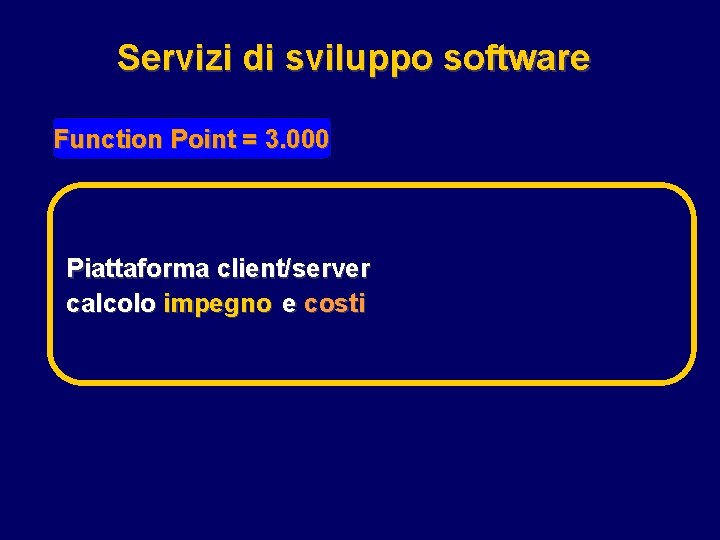 Servizi di sviluppo software Function Point = 3. 000 Piattaforma client/server calcolo impegno e