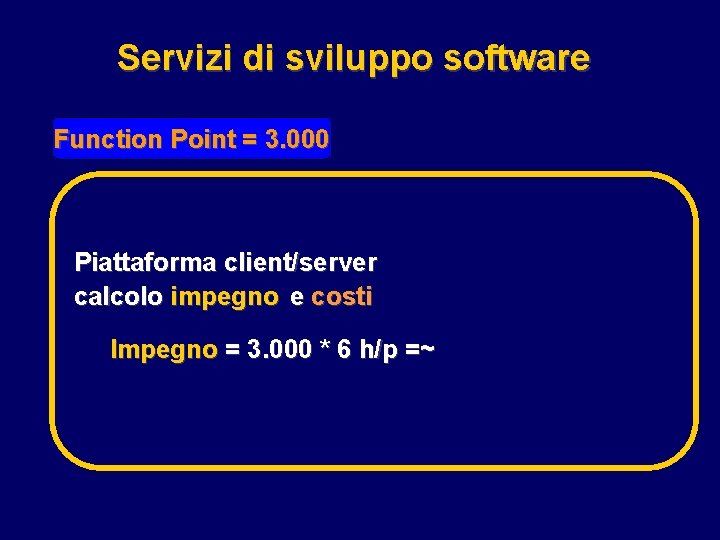 Servizi di sviluppo software Function Point = 3. 000 Piattaforma client/server calcolo impegno e