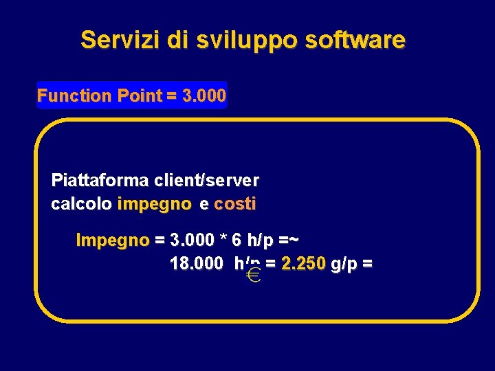 Servizi di sviluppo software Function Point = 3. 000 Piattaforma client/server calcolo impegno e