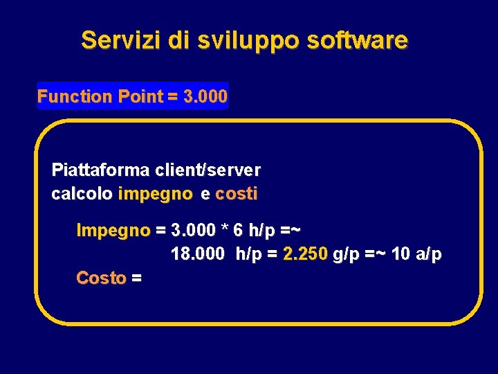 Servizi di sviluppo software Function Point = 3. 000 Piattaforma client/server calcolo impegno e