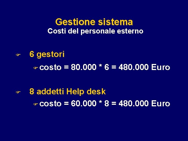 Gestione sistema Costi del personale esterno F 6 gestori F F costo = 80.