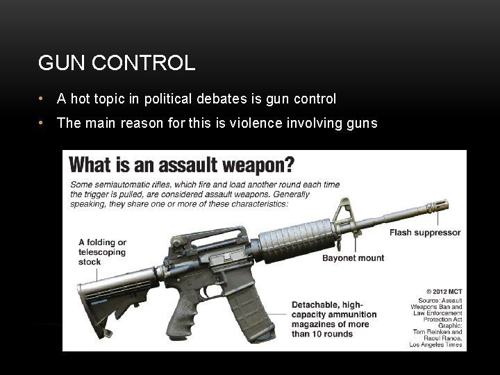 GUN CONTROL • A hot topic in political debates is gun control • The