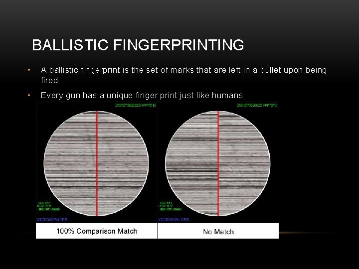 BALLISTIC FINGERPRINTING • A ballistic fingerprint is the set of marks that are left