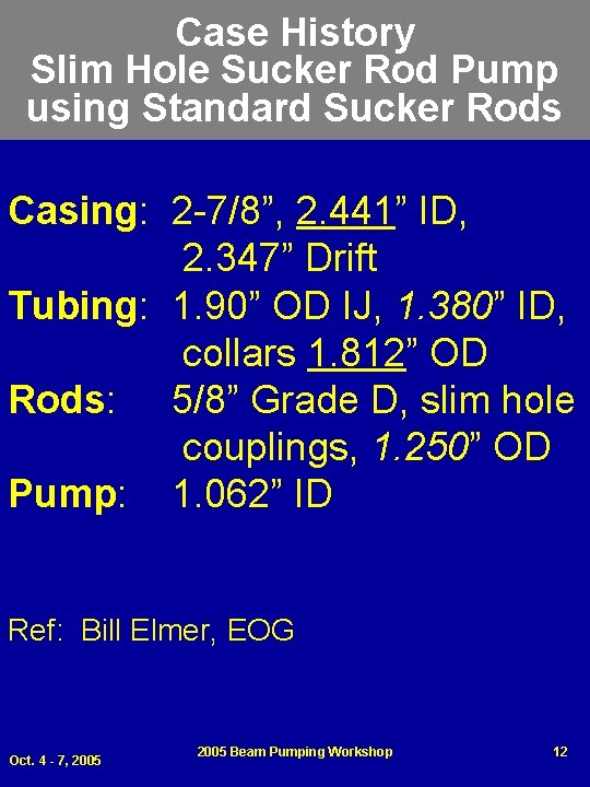 Case History Slim Hole Sucker Rod Pump using Standard Sucker Rods Casing: 2 -7/8”,