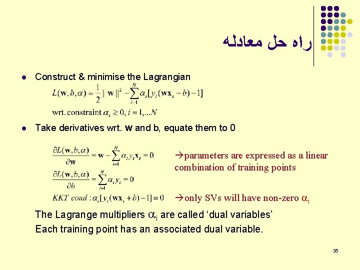  ﺭﺍﻩ ﺣﻞ ﻣﻌﺎﺩﻟﻪ l Construct & minimise the Lagrangian l Take derivatives wrt.