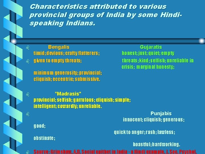 Characteristics attributed to various provincial groups of India by some Hindispeaking Indians. b b