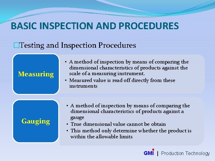 BASIC INSPECTION AND PROCEDURES �Testing and Inspection Procedures Measuring Gauging • A method of