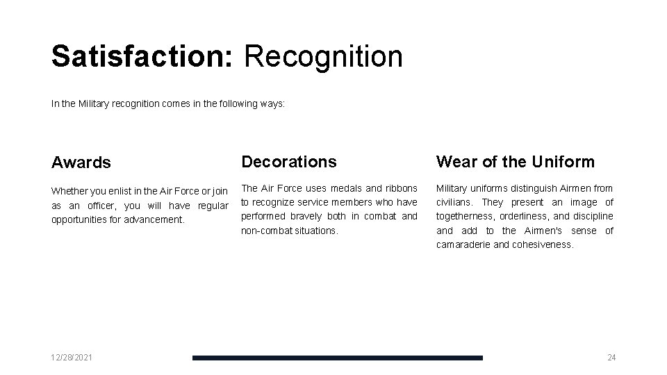 Satisfaction: Recognition In the Military recognition comes in the following ways: Awards Decorations Wear