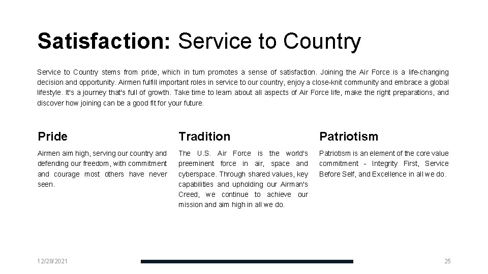 Satisfaction: Service to Country stems from pride, which in turn promotes a sense of