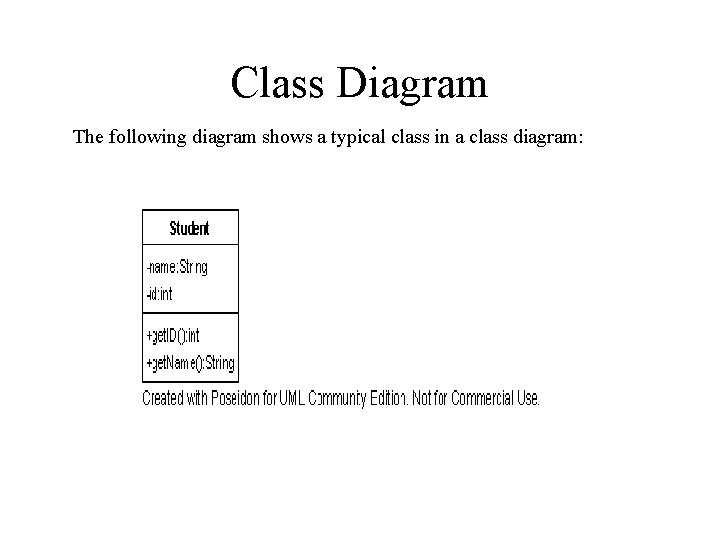 Class Diagram The following diagram shows a typical class in a class diagram: Class Diagram The following diagram shows a typical class in a class diagram: