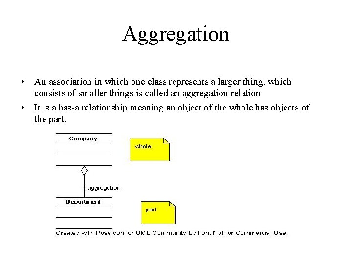 Aggregation • An association in which one class represents a larger thing, which consists Aggregation • An association in which one class represents a larger thing, which consists