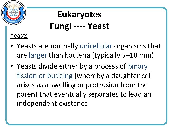 Yeasts Eukaryotes Fungi ---- Yeast • Yeasts are normally unicellular organisms that are larger