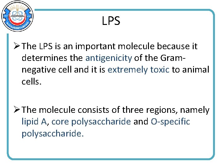 LPS Ø The LPS is an important molecule because it determines the antigenicity of