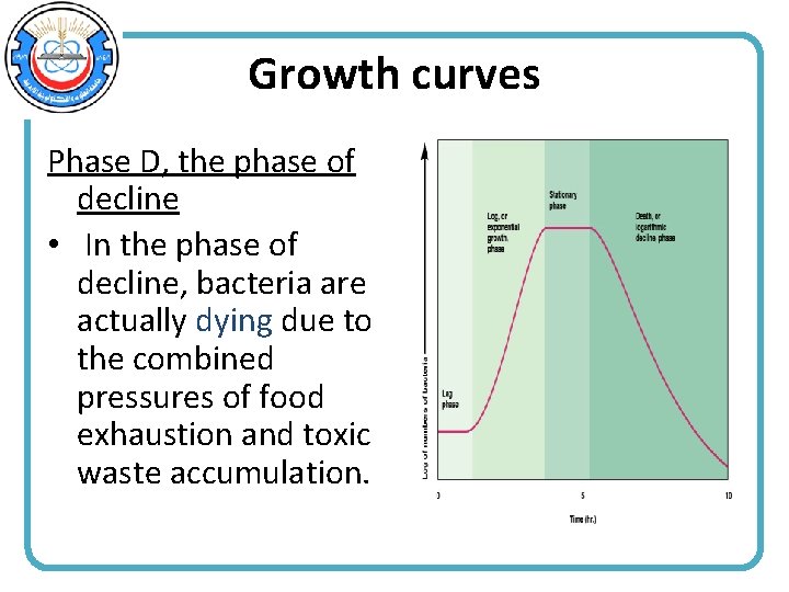 Growth curves Phase D, the phase of decline • In the phase of decline,