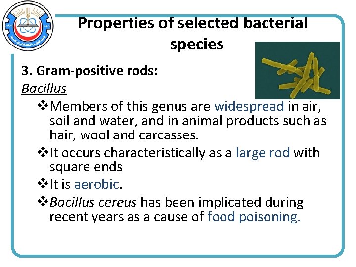 Properties of selected bacterial species 3. Gram-positive rods: Bacillus v. Members of this genus