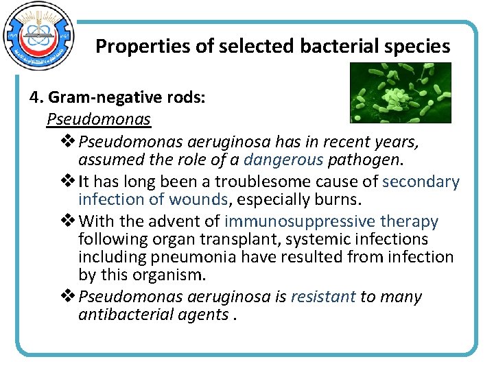 Properties of selected bacterial species 4. Gram-negative rods: Pseudomonas v Pseudomonas aeruginosa has in