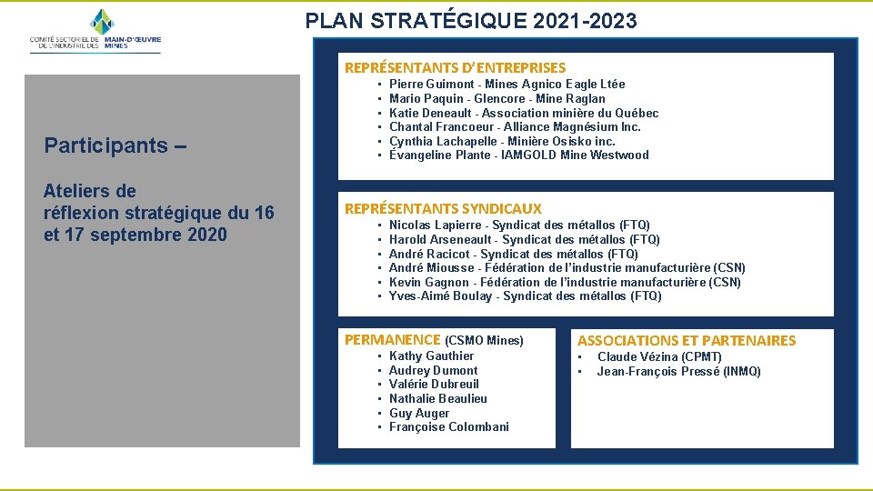 PLAN STRATÉGIQUE 2021 -2023 REPRÉSENTANTS D’ENTREPRISES Participants – Ateliers de réflexion stratégique du 16