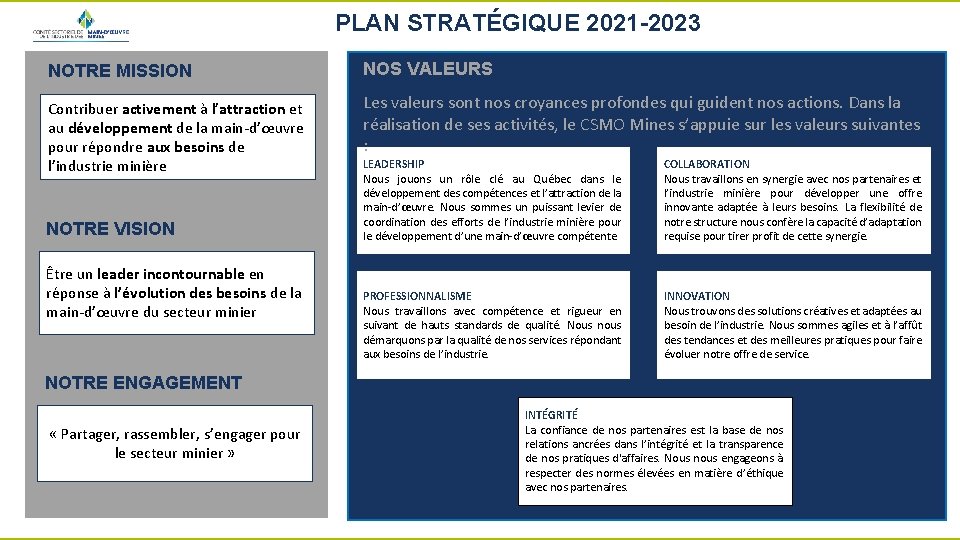 PLAN STRATÉGIQUE 2021 -2023 NOTRE MISSION NOS VALEURS Contribuer activement à l’attraction et au