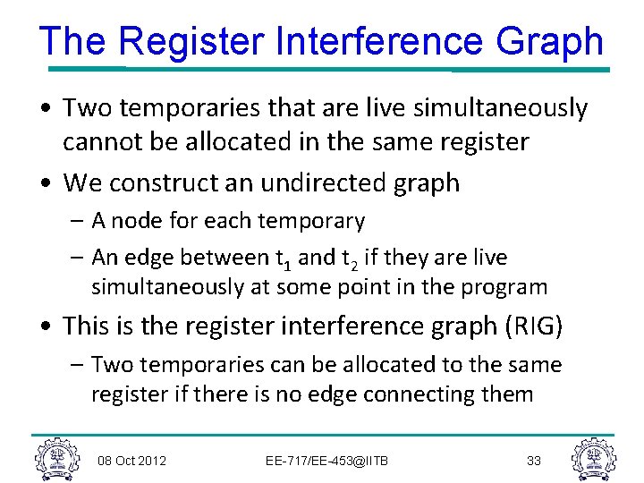The Register Interference Graph • Two temporaries that are live simultaneously cannot be allocated