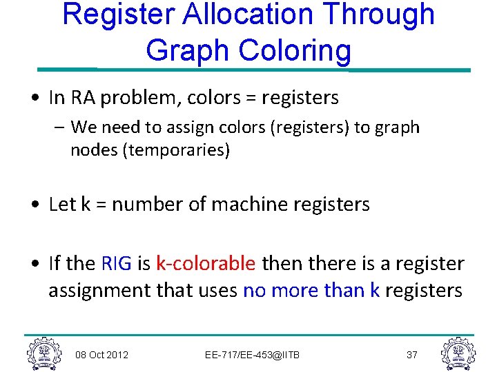 Register Allocation Through Graph Coloring • In RA problem, colors = registers – We