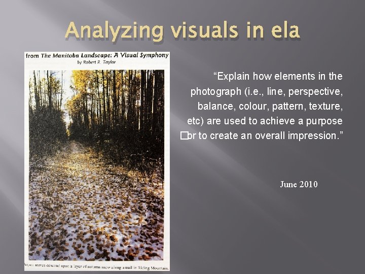 Analyzing visuals in ela � “Explain how elements in the photograph (i. e. ,
