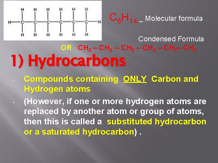 C 6 H 14 – Molecular formula Condensed Formula OR CH 3 – CH