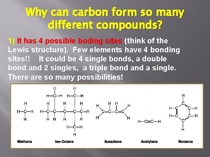 Why can carbon form so many different compounds? 1) It has 4 possible boding