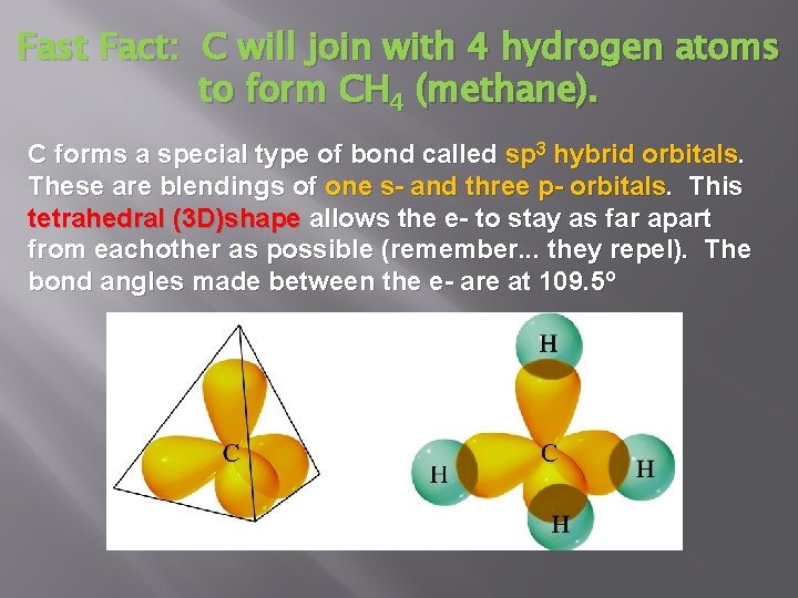 Fast Fact: C will join with 4 hydrogen atoms to form CH 4 (methane).