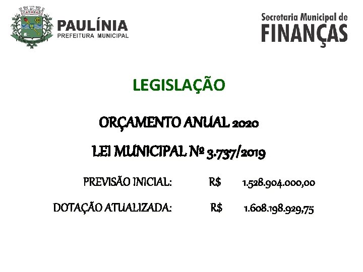 LEGISLAÇÃO ORÇAMENTO ANUAL 2020 LEI MUNICIPAL Nº 3. 737/2019 PREVISÃO INICIAL: R$ 1. 528.