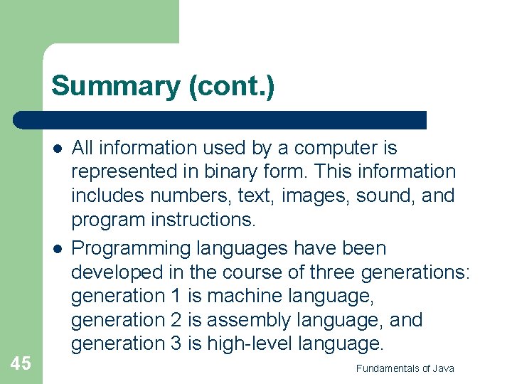 Summary (cont. ) l l 45 All information used by a computer is represented Summary (cont. ) l l 45 All information used by a computer is represented