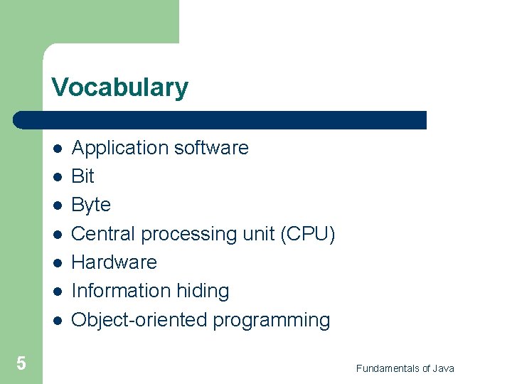 Vocabulary l l l l 5 Application software Bit Byte Central processing unit (CPU) Vocabulary l l l l 5 Application software Bit Byte Central processing unit (CPU)