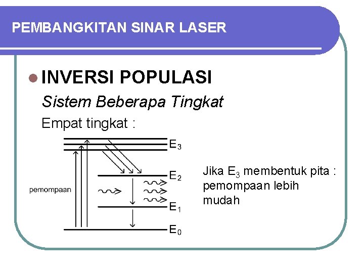 PEMBANGKITAN SINAR LASER l INVERSI POPULASI Sistem Beberapa Tingkat Empat tingkat : Jika E