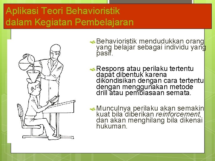 Aplikasi Teori Behavioristik dalam Kegiatan Pembelajaran Behavioristik mendudukkan orang yang belajar sebagai individu yang